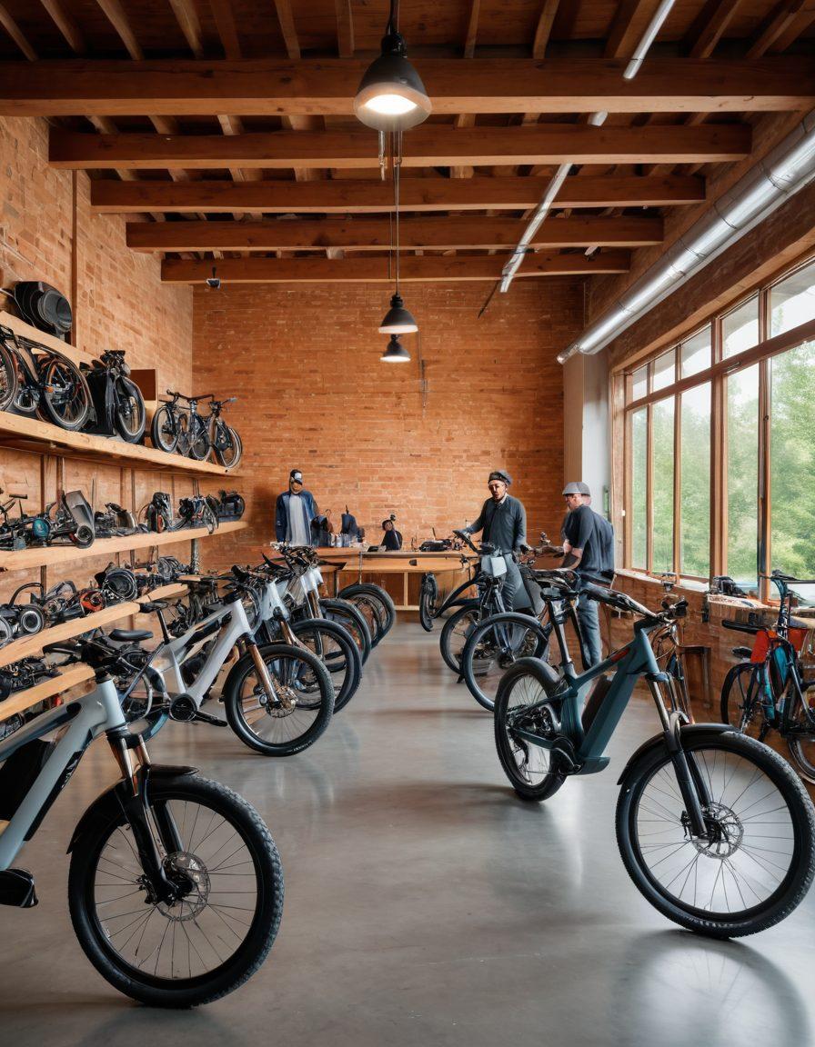 A dynamic e-bike scene featuring a variety of e-bike conversion kits displayed around a well-equipped workshop. In the background, a diverse group of enthusiastic riders is testing their custom e-bikes on a scenic trail, showcasing safety gear and features. Emphasize tools, safety gear like helmets, and sleek e-bike designs, with a focus on innovation and adventure. vibrant colors. super-realistic. energetic atmosphere.