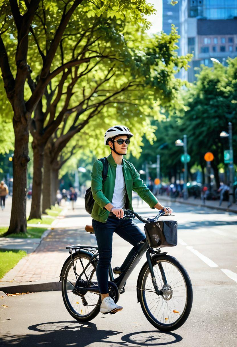 A modern urban setting with a cyclist riding an electric bicycle along a tree-lined street, showcasing vibrant green spaces amidst bustling city life. The cyclist wears a helmet and a stylish outfit, demonstrating comfort and safety. Brightly colored electric bikes are parked around in a bike-sharing station, with the skyline in the background. Soft, inviting sunlight filters through the trees, highlighting the eco-friendly theme. super-realistic. vibrant colors. 3D.