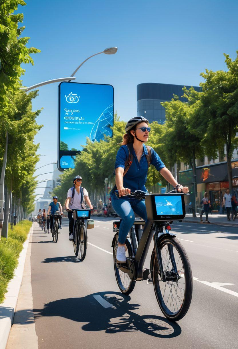 A futuristic urban landscape with diverse cyclists on sleek electric bikes, vibrant greenery lining the streets, digital billboards promoting sustainable commuting, and a clear blue sky above. Emphasize the contrast between modern technology and nature, showcasing people of various ages and cultures engaging happily in urban cycling. Include elements like charging stations and bike lanes to enhance the theme of sustainability. super-realistic. vibrant colors.